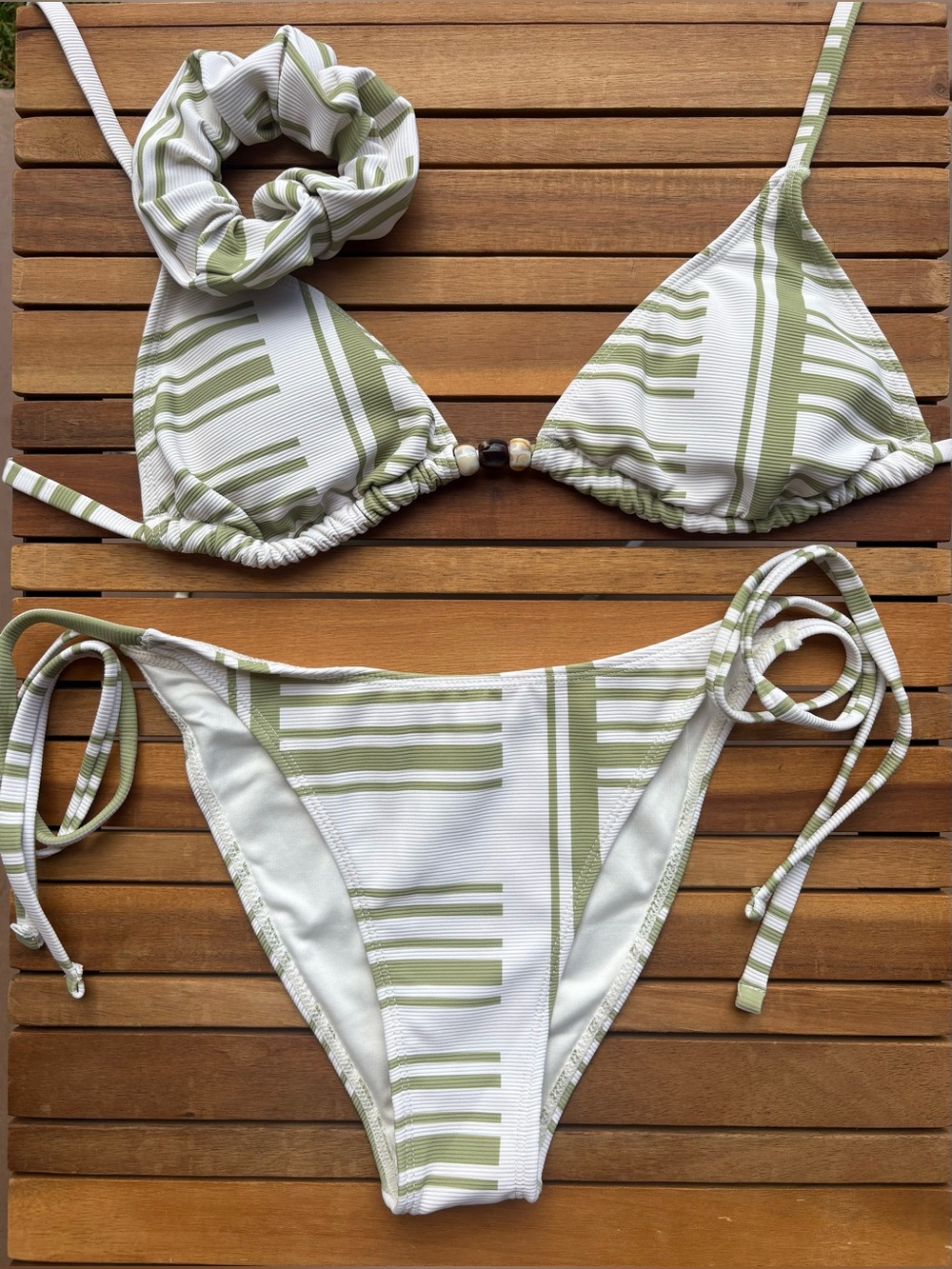 MEDIUM NWT Matcha Bead Bikini & Matching Scrunchie Green White 3 Piece SwimStyle - Picture 6 of 7